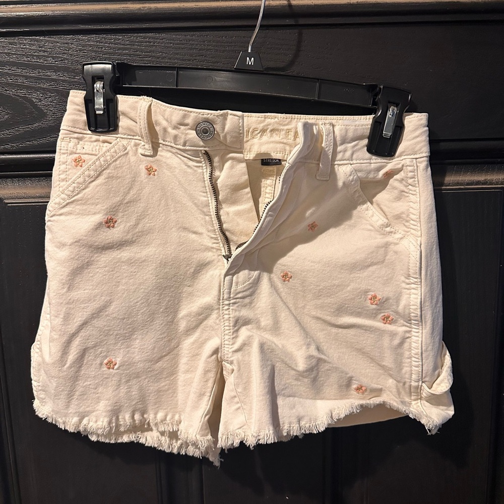 American Eagle Outfitters Cream Jean Shorts Distressed Mid-Thigh